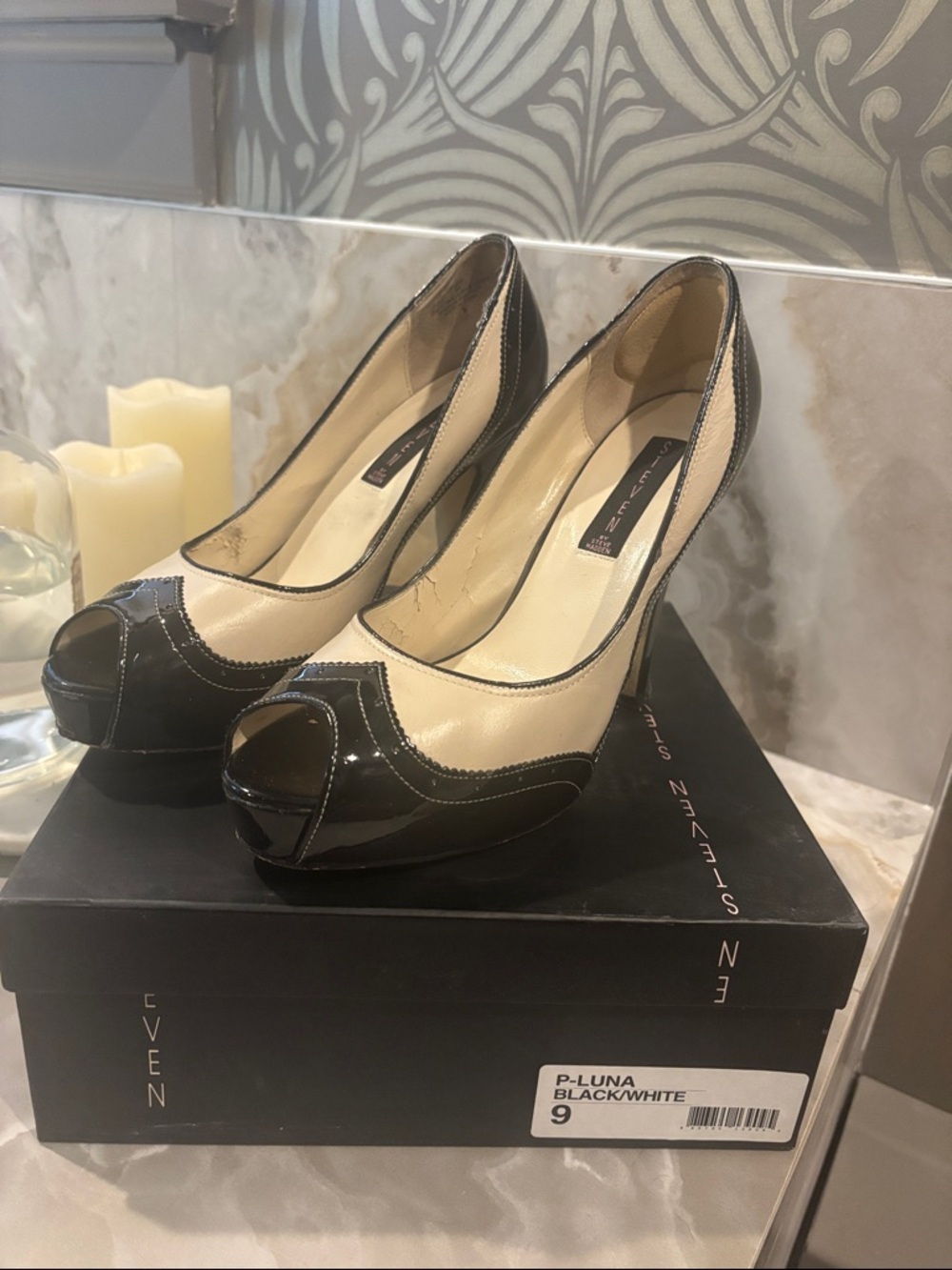 Steven By Steve Madden Black and White Peep-Toe Platform Pumps